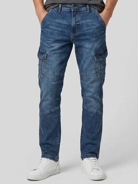 Artful Rebel Men's Slim Straight Cargo Jeans in Dark Blue Denim